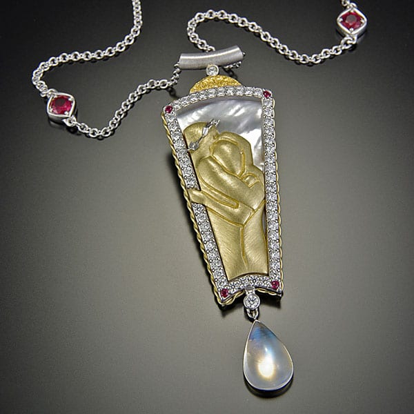 Necklace 1-1: Figural necklace made with diamonds, rubies, mother of pearl, moonstone, gold and platinum