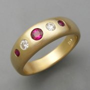 Other Rings 1-10: Flush set round diamonds and rubies in yellow gold