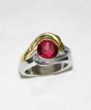 Other Rings 3-5: Round red spinel partial bezel set with diamonds in white and yellow gold