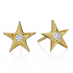 18k Yellow Five Point Star Stud Earrings set with Diamonds