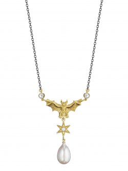 18k Yellow Flying Bat Pearl Necklace with Rose cut Diamonds and Sterling Silver Chain