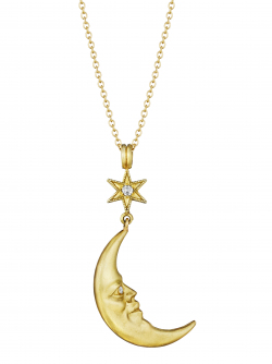 18k Yellow Star Struck Crescent Moonface Pendant with Diamond Eyes