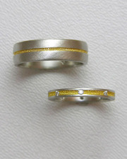 Bands 1-3: His and Hers bands in platinum with 24k inlay and small diamonds