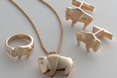 14kt. Yellow Gold Buffalo ring, extra large Buffalo pendant with diamond eyes and Buffalo cufflinks