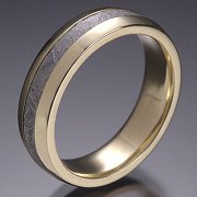 Wood grain pattern Damascus Stainless Steel ring with 18k Yellow gold lining