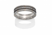 Wood grain pattern Damascus Stainless Steel ring with 18k Yellow Pins, Silver inlay and Diamonds