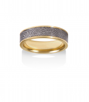 Damascus ring created from Limited ed. Circa 1870, Belgian made shotgun barrel cross section. 18k Yellow gold narrow rails and lining