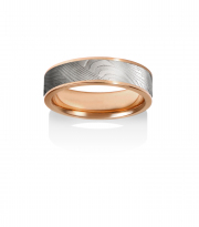 Breeze pattern Damascus Stainless Steel ring with 14k Red gold narrow rails and lining