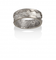 Wood grain pattern Damascus Stainless Steel ring with 18k White gold cut edges, textured finish