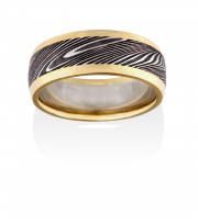 Thor pattern Damascus Stainless Steel ring with wide 18k Yellow rails