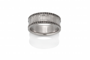 Angles pattern Damascus Stainless Steel ring with PD950 rails set with Black Diamonds, concave profile
