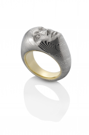Carved Damascus Stainless Steel Vulcana face with 18k Yellow gold. Collaboration between Chris Ploof and Anthony Lent