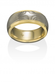 X pattern Damascus Stainless Steel ring with wide 18k Yellow gold rails