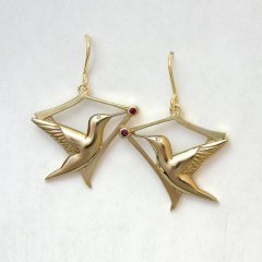 14kt. yellow gold hummingbird earrings with rubies and diamond eyes