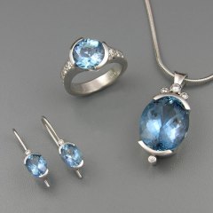 14kt. white gold custom aquamarine and diamond pendant, ring and earrings set