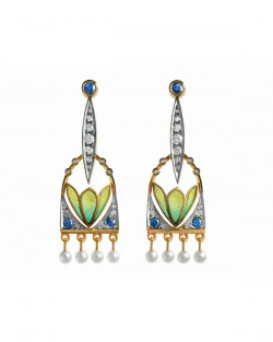 Masriera 18kt. Yellow & White gold Diamond, Sapphire, Pearl and Cloisonne Enamel earrings