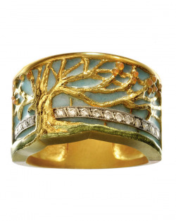 Masriera 18kt. Yellow gold Cloisonne Enamel and Diamond Tree ring