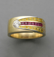 18karat Yellow gold Astroid ring with Platinum, 24k inlay, Diamond and Rubies copy