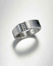 14k White gold square top band with offset channel of small Round Brilliant cut Diamonds