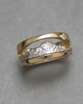 Mountain Bands 1-2: Platinum and 18kt. yellow gold two-tone Mt. Sneffels Ring with small diamond