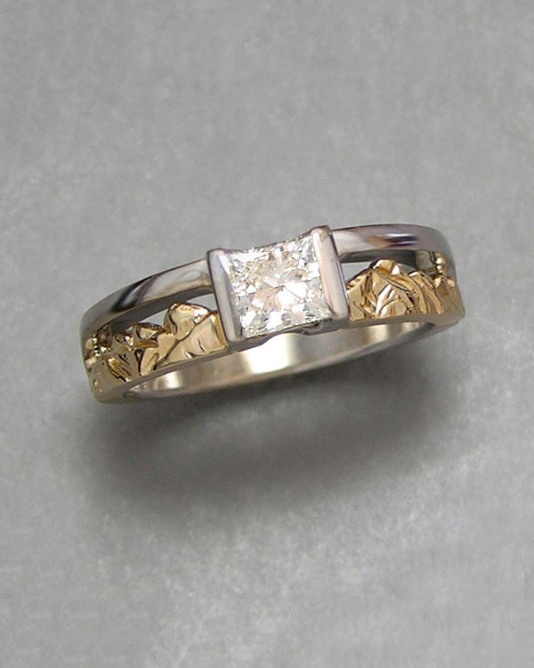 Mountain Engagement Rings 1-2: 14kt. two-tone Twin Peaks Mountain Ring with a princess cut diamond