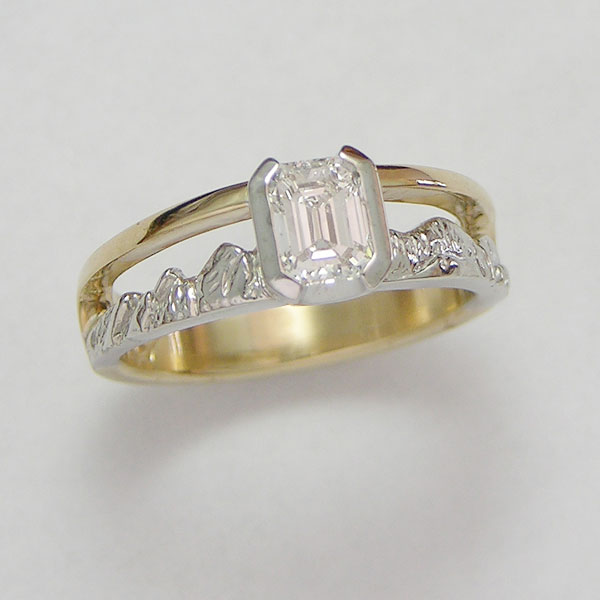 Mountain Engagement Rings 1-11: 14kt. yellow and white gold two-tone Boulder Peaks mountain ring with emerald cut center diamond