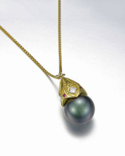 Necklace 1-3: Black pearl with a gold cap set with diamonds and rubies