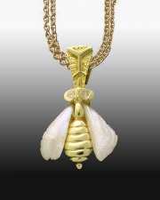 Necklace 3-4: 18karat yellow gold Bee pendant with diamond eyes and Mississippi fresh water pearl wings