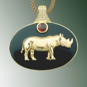 Necklace 3-7: 18karat yellow gold black jade, pave diamond and ruby Rhinoceros pendant