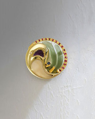 18kt. Yellow gold Shark brooch with Fossilized Mastodon, Moldavite, Rubies and Diamonds