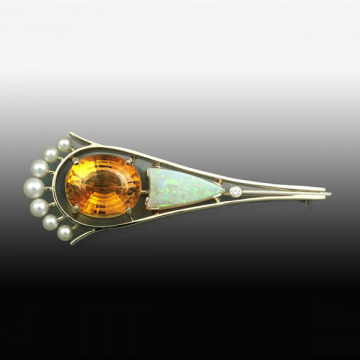 14kt. Yellow Gold citrine, pearl, opal and diamond brooch