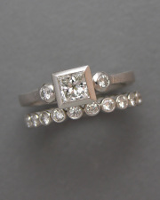 14k White gold Engagement ring with full bezel set Princess cut Diamond, paired with 14k White gold full bezel wedding band