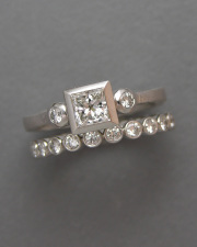 14k White gold Engagement ring with full bezel set Princess cut Diamond, paired with 14k White gold full bezel wedding band