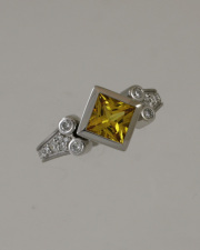 14k White gold full bezel set Princess cut Yellow Sapphire, Diamond sides
