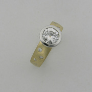 18karat Yellow gold Engagement ring with Diamond in Platinum full bezel, scattered flush set side Diamonds