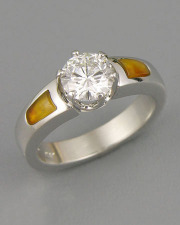 Engagement Ring 3-3: Round cut diamond prong set in platinum with Carnelian inlay