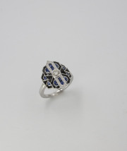 14k White gold Diamond, Sapphire _ Onyx Vintage Inspired Ring