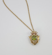 14k Yellow gold Peridot, Diamond _ Lab Created Ruby Pendant. Circa 1900