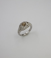 18k White gold Vintage Inspired ring with center Cognac Rose cut Diamond