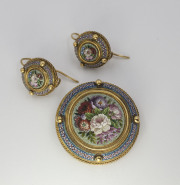18k Yellow gold Vatican Micro-Mosaic Glass Brooch _ Earring Set