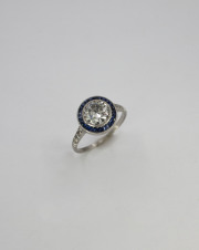 Platinum_Iridium Old European cut Diamond _ Sapphire Ring, Circa 1920